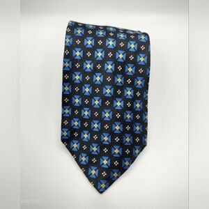 Paul Frederick Necktie Black Blue Yellow Accent Geometric Textured Men's Silk